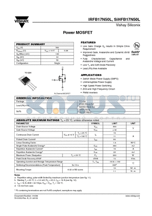 SIHFB17N50L datasheet - Power MOSFET