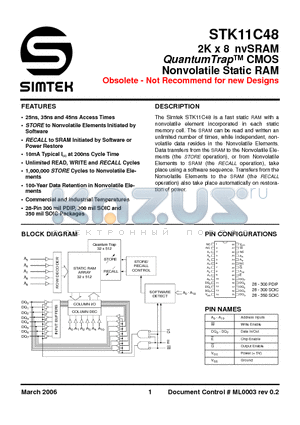 STK11C48-NF35 datasheet - 2K x 8 nvSRAM QuantumTrap CMOS Nonvolatile Static RAM