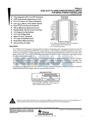 TPS2214DB datasheet - DUAL-SLOT PC CARD POWER-INTERFACE SWITCH FOR SERIAL PCMCIA CONTROLLERS