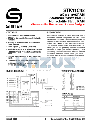 STK11C48-P25I datasheet - 2K x 8 nvSRAM QuantumTrap CMOS Nonvolatile Static RAM