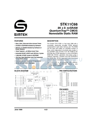 STK11C68 datasheet - 8K x 8 nvSRAM QuantumTrap CMOS Nonvolatile Static RAM
