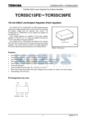 TCR5SC18FE datasheet - 150 mA CMOS Low-Dropout Regulator (Point regulator)