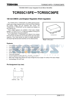 TCR5SC33FE datasheet - 150 mA CMOS Low-Dropout Regulator (Point regulator)