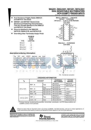 SNJ54LS221FK datasheet - DUAL MONOSTABLE MULTIVIBRATORS WITH SCHMITT-TRIGGER INPUTS