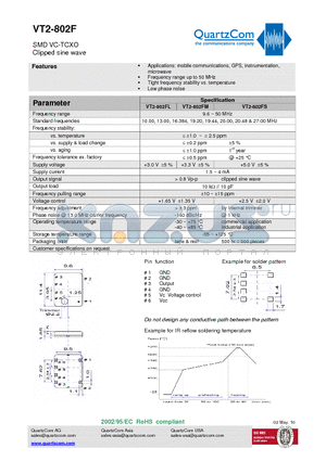 VT2-802FS datasheet - SMD VC-TCXO Clipped sine wave Tight frequency stability vs. temperature