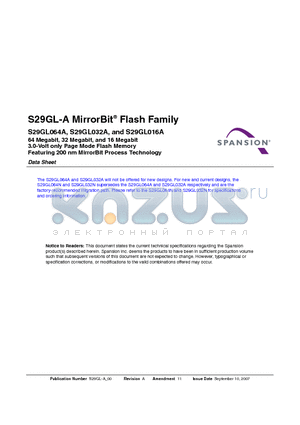 S29GL032A10TFIR13 datasheet - 64 Megabit, 32 Megabit, and 16 Megabit 3.0-Volt only Page Mode Flash Memory Featuring 200 nm MirrorBit Process Technology