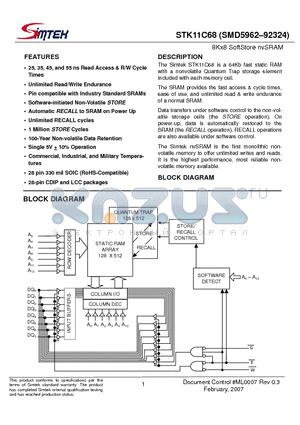 STK11C68-LF25ITR datasheet - 8Kx8 SoftStore nvSRAM