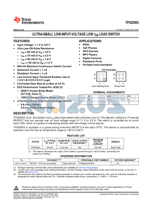 TPS22903YFPR datasheet - ULTRA-SMALL LOW-INPUT-VOLTAGE LOW rON LOAD SWITCH