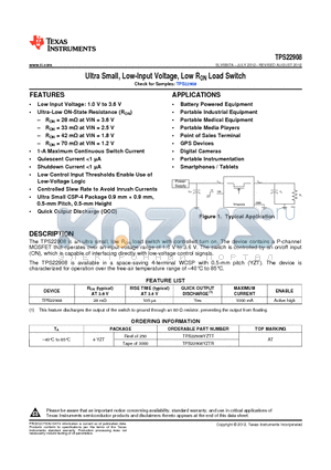 TPS22908 datasheet - Ultra Small, Low-Input Voltage, Low RON Load Switch