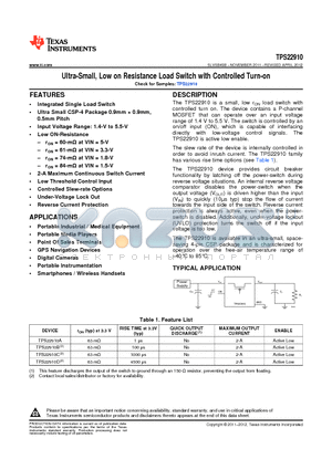 TPS22910A datasheet - Ultra-Small, Low on Resistance Load Switch with Controlled Turn-on