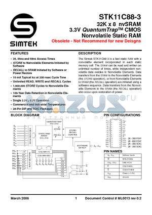 STK11C88-3N35I datasheet - 32K x 8 nvSRAM 3.3V QuantumTrap CMOS Nonvolatile Static RAM