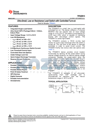 TPS22913CYZVT datasheet - Ultra-Small, Low on Resistance Load Switch with Controlled Turn-on