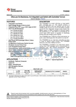 TPS22920YZPT datasheet - Ultra-Low On-Resistance, 4-A Integrated Load Switch with Controlled Turn-on