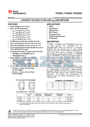 TPS22921YFPR datasheet - LOW INPUT VOLTAGE, ULTRA-LOW rON LOAD SWITCHES