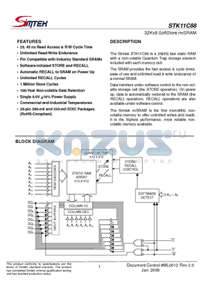 STK11C88-NF25I datasheet - 32Kx8 SoftStore nvSRAM