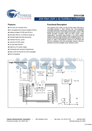 STK11C88-NF25I datasheet - 256 Kbit (32K x 8) SoftStore nvSRAM