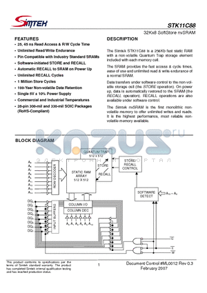 STK11C88-NF45TR datasheet - 32Kx8 SoftStore nvSRAM