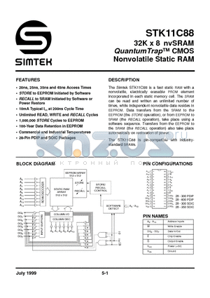 STK11C88-P25 datasheet - 32K x 8 nvSRAM QUANTUM TRAP CMOS NONVOLATILE STATIC RAM