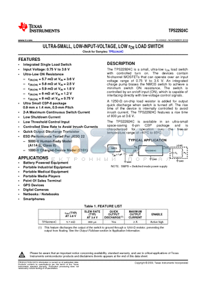 TPS22924CYZPT datasheet - ULTRA-SMALL, LOW-INPUT-VOLTAGE, LOW rON LOAD SWITCH