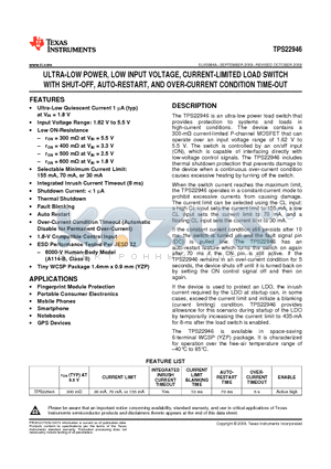 TPS22946 datasheet - ULTRA-LOW POWER,LOW INPUT VOLTAGE, CURRENT-LIMITED LOAD SWITCH WITH SHUT-OFF,AUTO-RESTART,AND OVER-CURRENT CONDITION TIME-OUT