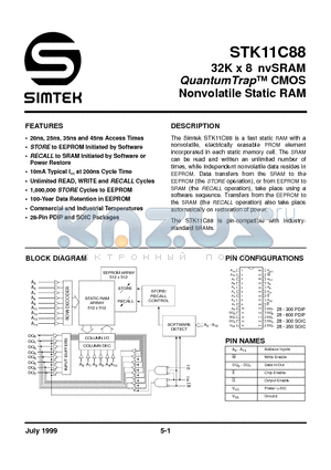 STK11C88-W35 datasheet - 32K x 8 nvSRAM QUANTUM TRAP CMOS NONVOLATILE STATIC RAM