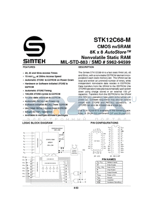 STK12C68-45M datasheet - CMOS NV SRAM 8K X 8 AUTOSTORE NONVOLATILE STATIC RAM