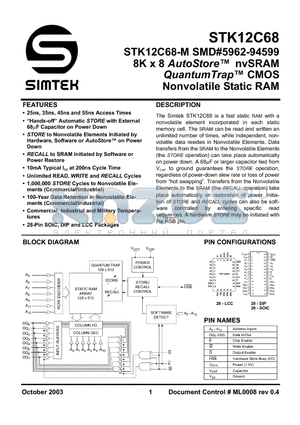 STK12C68-5C55 datasheet - 8K x 8 AutoStore nvSRAM QuantumTrap CMOS Nonvolatile Static RAM