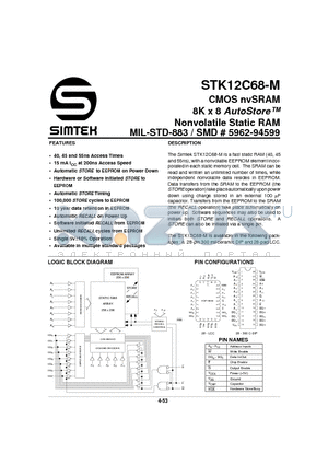 STK12C68-5K40M datasheet - CMOS NV SRAM 8K X 8 AUTOSTORE NONVOLATILE STATIC RAM