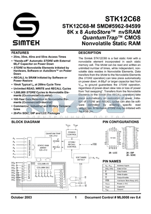 STK12C68-5CF45I datasheet - 8K x 8 AutoStore nvSRAM QuantumTrap CMOS Nonvolatile Static RAM