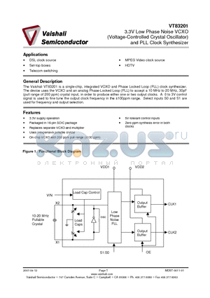 VT83201 datasheet - 3.3V Low Phase Noise VCXO Voltage-Controlled Crystal Oscillator and PLL Clock Synthesizer