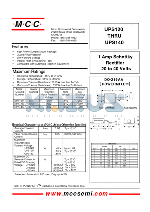 UPS120 datasheet - 1 Amp Schottky Rectifier 20 to 40 Volts