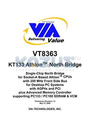 VT8363 datasheet - KT133 Athlon North Bridge