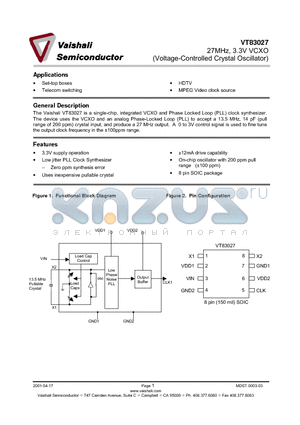 VT83027 datasheet - 27MHz, 3.3V VCXO (Voltage-Controlled Crystal Oscillator)