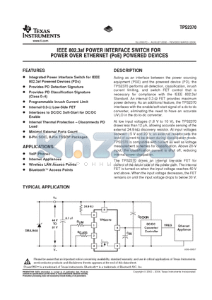 TPS2370D datasheet - IEEE 802.3af POWER INTERFACE SWITCH FOR POWER OVER ETHERNET(PoE) POWERED DEVICES