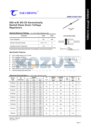TCRD2V7 datasheet - 500 mW DO-35 Hermetically Sealed Glass Zener Voltage Regulators