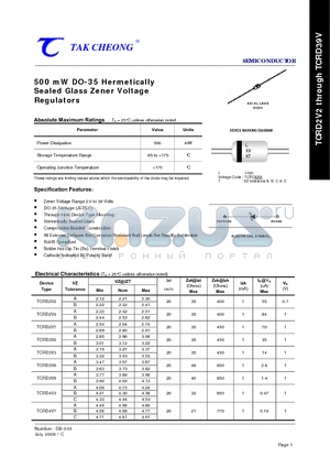 TCRD30V datasheet - 500 mW DO-35 Hermetically Sealed Glass Zener Voltage Regulators