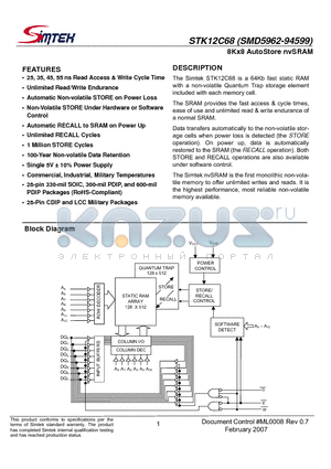 STK12C68-CF25TR datasheet - 8Kx8 AutoStore nvSRAM