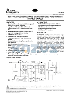 TPS23841PJD datasheet - HIGH-POWER, WIDE VOLTAGE RANGE, QUAD-PORT ETHERNET POWER SOURCING EQUIPMENT MANAGER