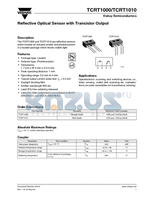 TCRT1000 datasheet - Reflective Optical Sensor with Transistor Output