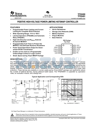 TPS2490DGSRG4 datasheet - POSITIVE HIGH-VOLTAGE POWER-LIMITING HOTSWAP CONTROLLER