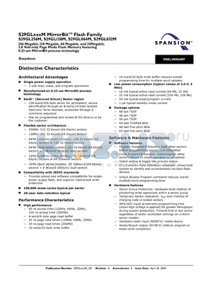 S29GL032M10FCIR32 datasheet - 3.0 Volt-only Page Mode Flash Memory featuring 0.23 um MirrorBit process technology