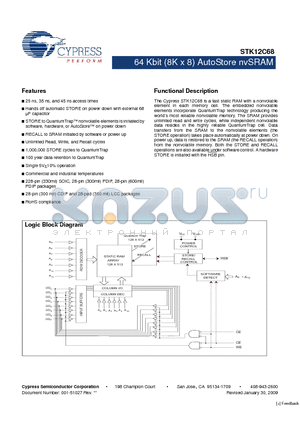 STK12C68-SF25I datasheet - 64 Kbit (8K x 8) AutoStore nvSRAM