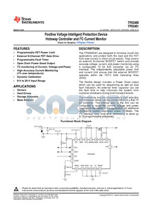 TPS2480 datasheet - Positive Voltage Intelligent Protection Device Hotswap Controller and I2C Current Monitor