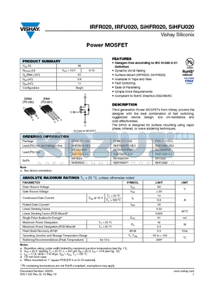 SIHFU020-GE3 datasheet - Power MOSFET