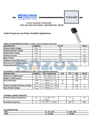 TCSA562 datasheet - TO-92 PLASTIC PACKAGE PNP SILICON EPITAXIAL TRANSISTOR ROHS
