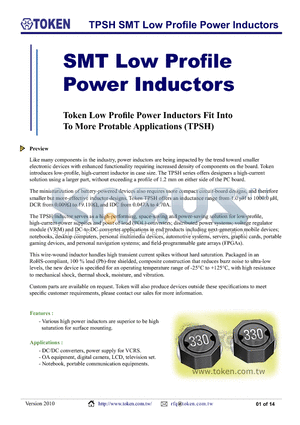 TCSH0601 datasheet - TPSH SMT Low Profile Power Inductors