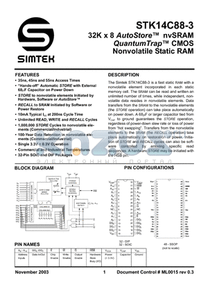 STK14C88-3NF45 datasheet - 32K x 8 AutoStore nvSRAM QuantumTrap CMOS Nonvolatile StaticRAM