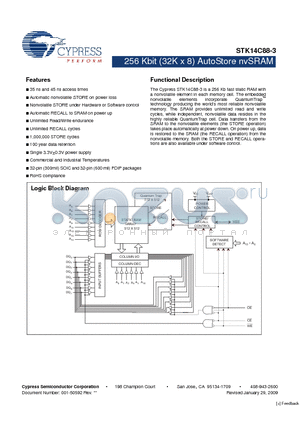 STK14C88-3NF45 datasheet - 256 Kbit (32K x 8) AutoStore nvSRAM