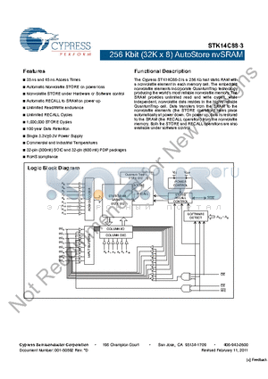 STK14C88-3NF45I datasheet - 256 Kbit (32K x 8) AutoStore nvSRAM Unlimited Read/Write endurance