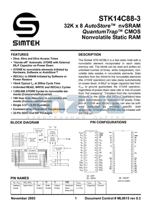 STK14C88-3R35I datasheet - 32K x 8 AutoStore nvSRAM QuantumTrap CMOS Nonvolatile StaticRAM